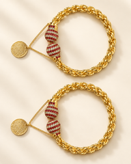 Gold Tone 2 Piece Bracelet Set with Red & White Stone Beads