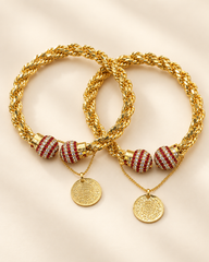 Gold Tone 2 Piece Bracelet Set with Red & White Stone Beads