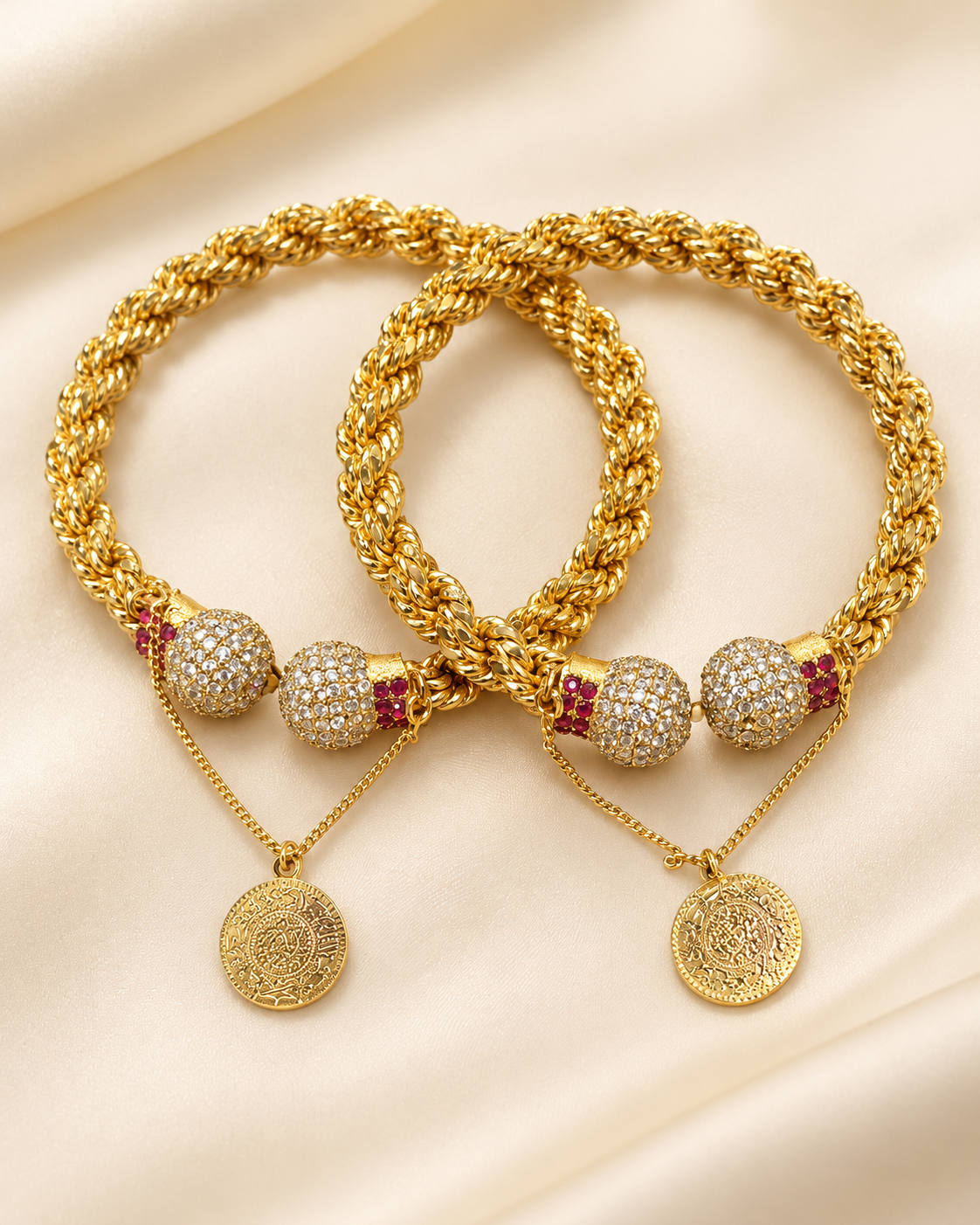 Gold Tone Braided Bracelet Pair with Crystal Beads & Coin Charms