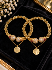 Gold Tone Braided Bracelet Pair with Crystal Beads & Coin Charms