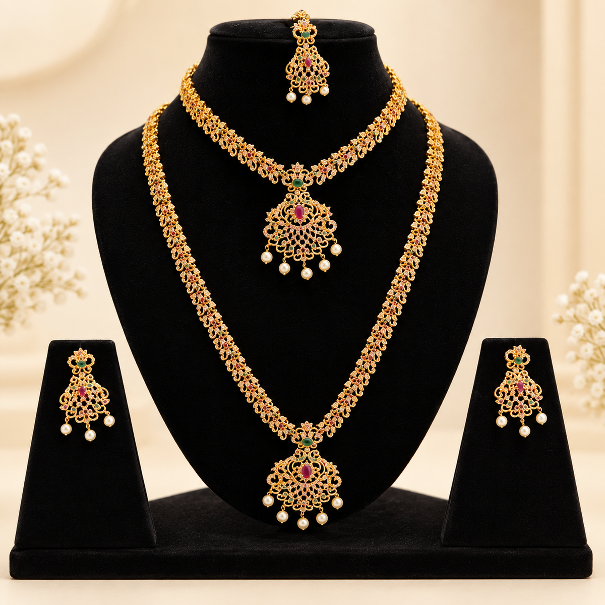 Royal Gold Plated Bridal Jewellery Set Traditional Necklace Set with Earrings & Maang Tikka
