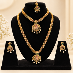 Royal Gold Plated Bridal Jewellery Set Traditional Necklace Set with Earrings & Maang Tikka