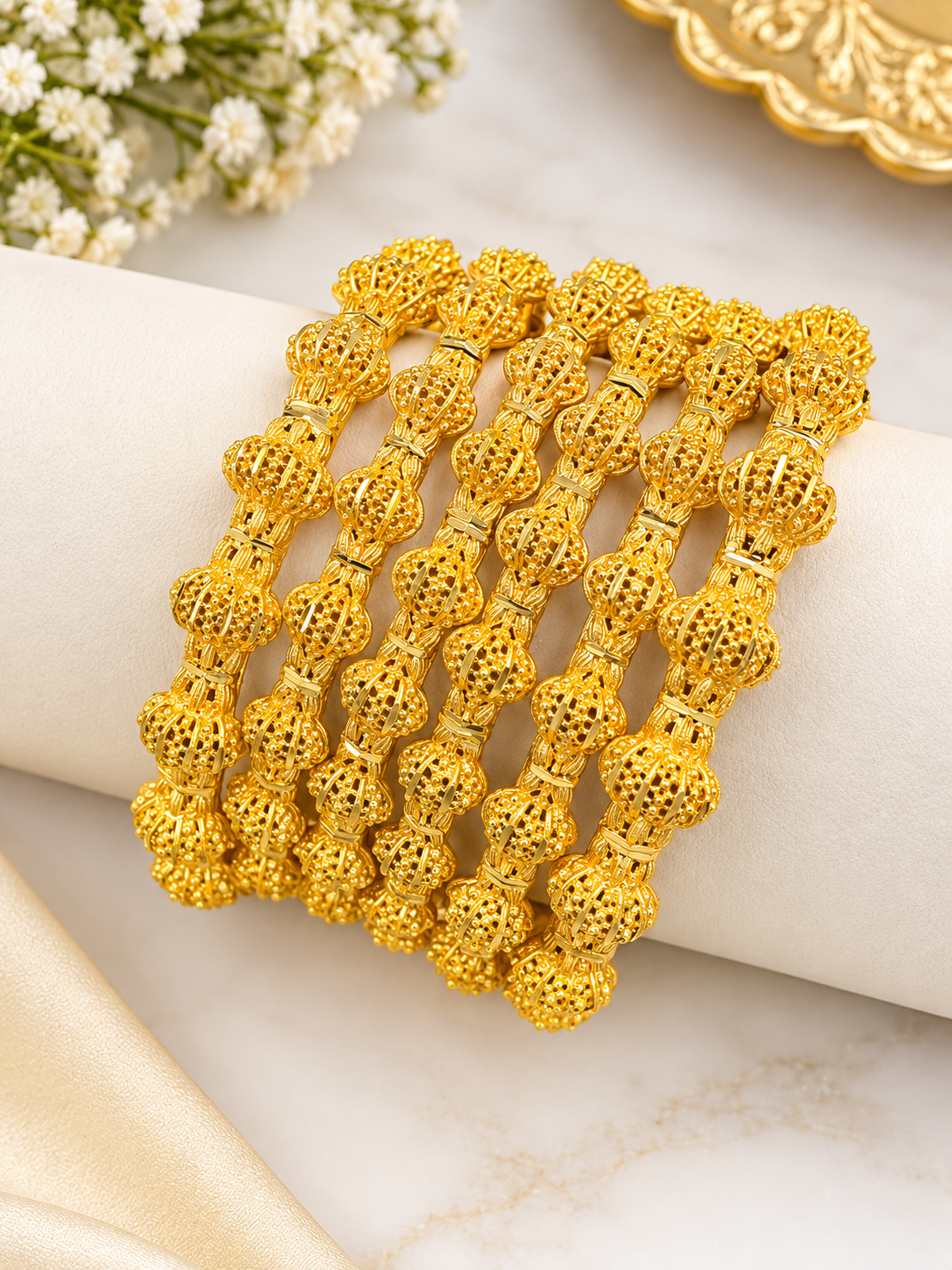 Royal Golden Floral Bangles Premium Traditional Jewelry Set